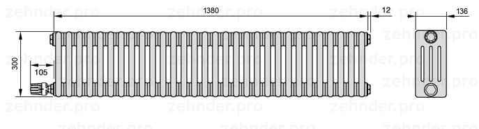 Схема (чертеж) Радиатор Zehnder Charleston 4030/30 №V004 Белый глянцевый RAL 9016